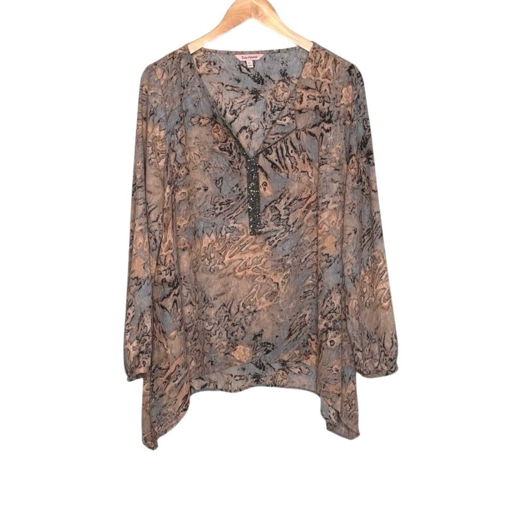 Juicy Couture rhinestone watercolor blouse sharkbite hem size XL